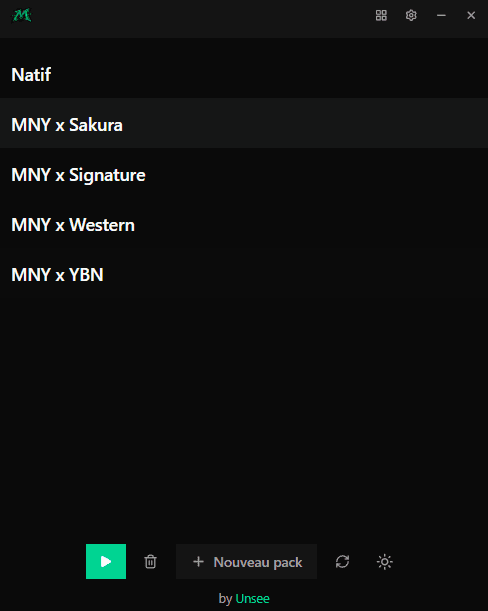 List view — the active pack is highlighted