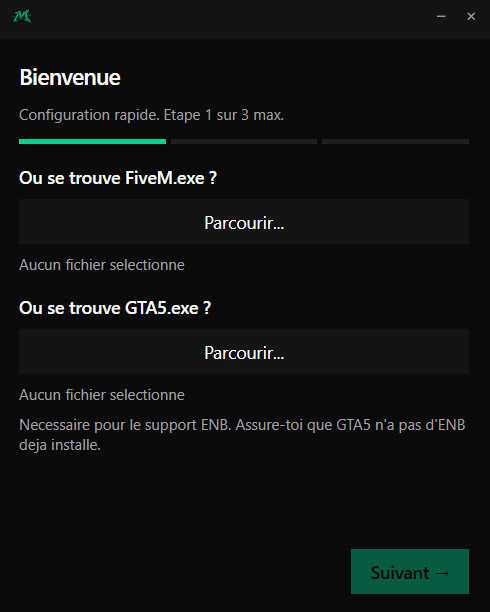 First launch — pick FiveM.exe and GTA5.exe