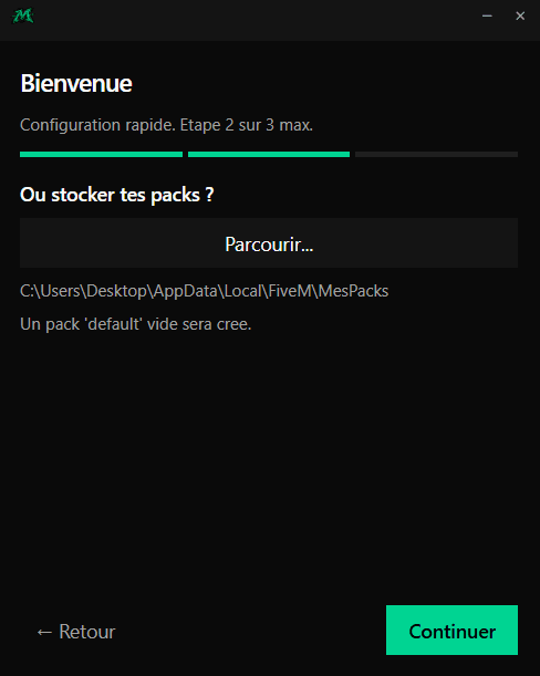 First launch — choose the pack storage folder