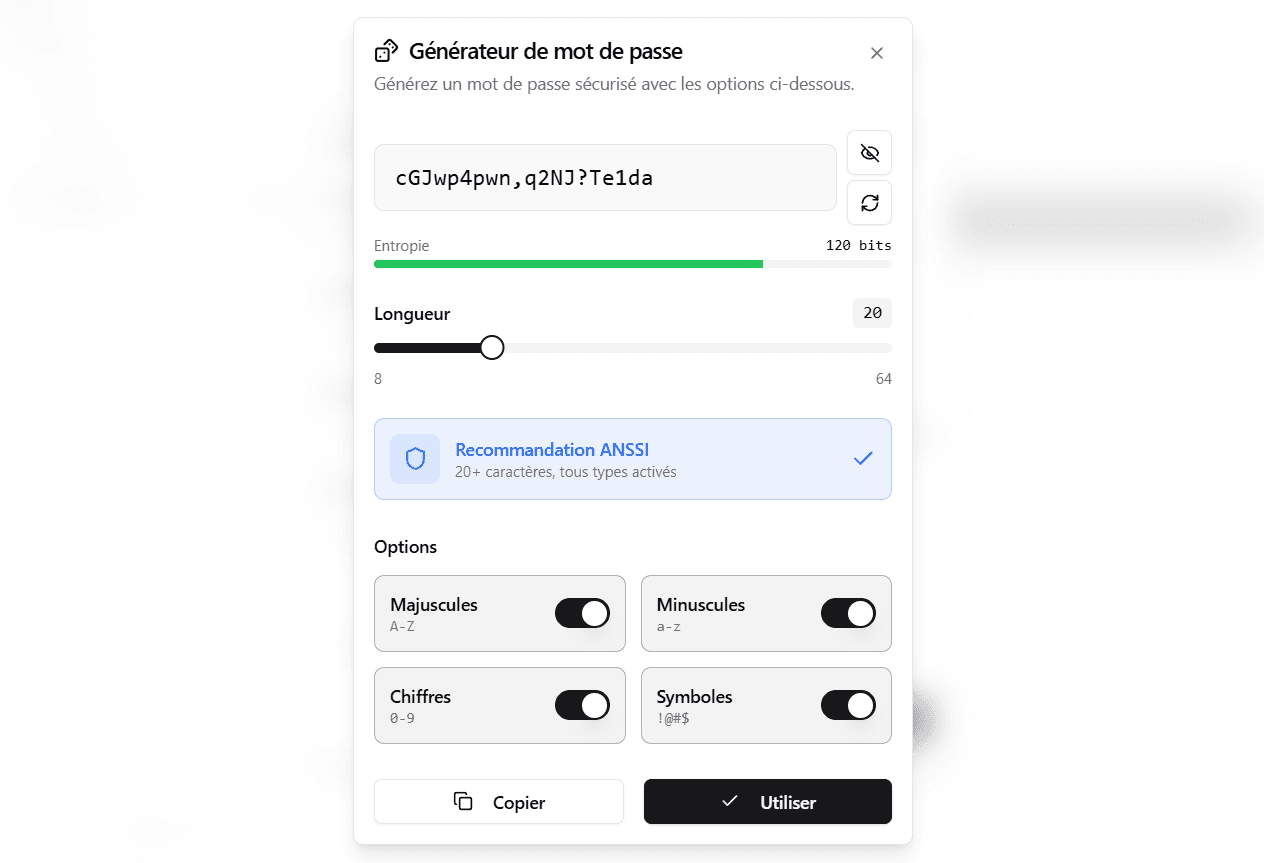 Built-in password generator (entropy, ANSSI)