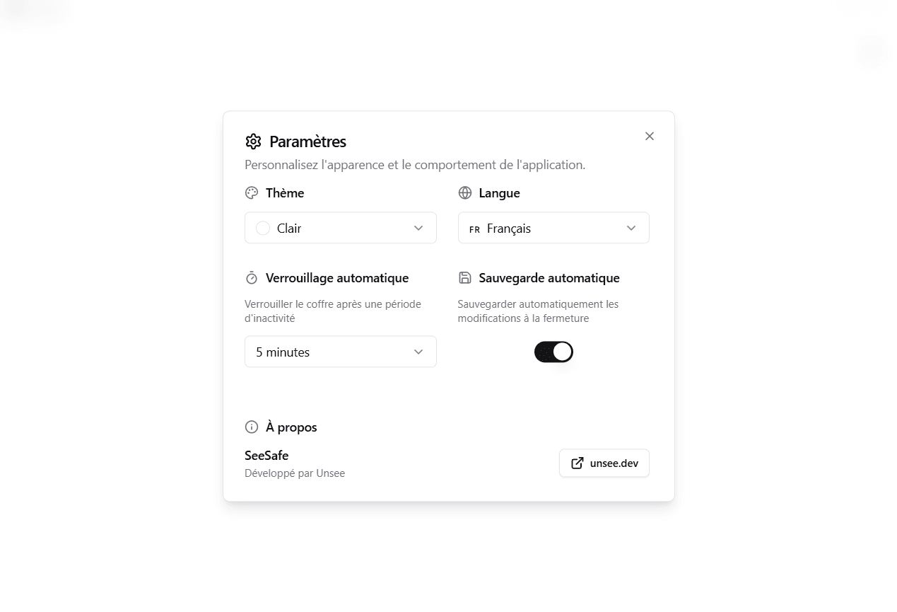 Settings: theme, auto-lock, auto-save